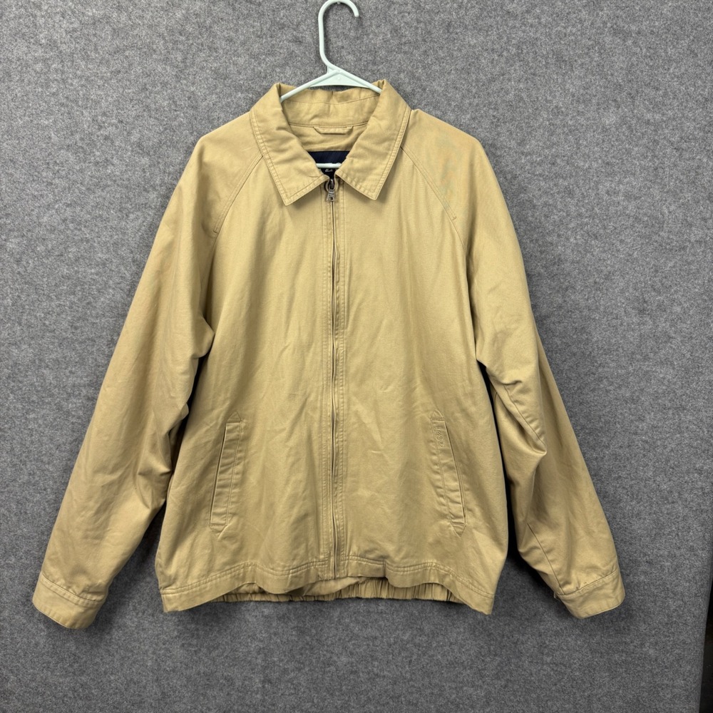IZOD Mens Tan Khaki Cotton Full Zip Harrington Jacket XL Raglan Sleeve Bomber